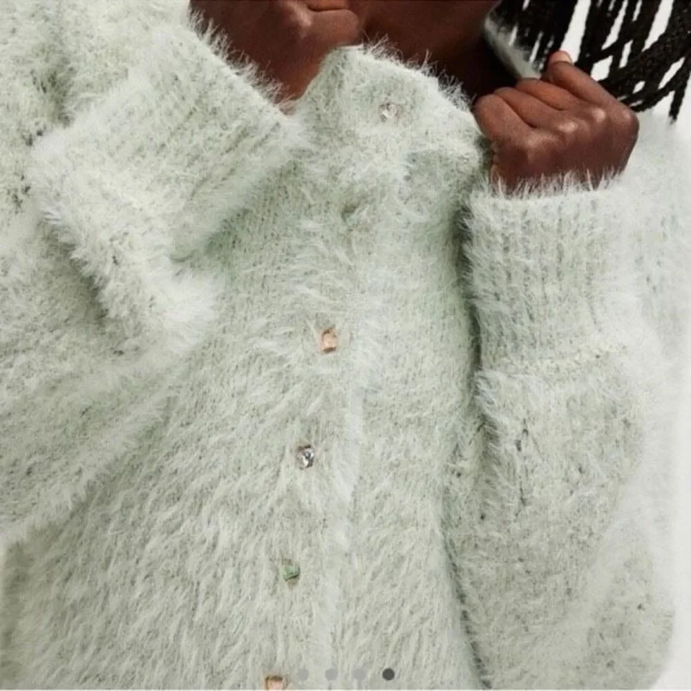 FREE PROPLE Celeste Women's Fuzzy Cardigan Sweater Seafoam -Green